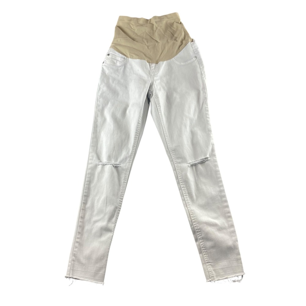 Indigo Blue Women White Distressed Maternity‎ Skinny Jeans XS Over Belly Ripped